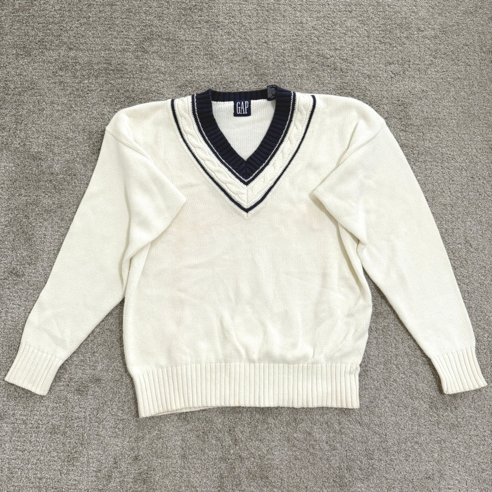 Vintage Mens V-Neck Cricket Sweater Cream Navy Striped Small Gap Tennis Preppy